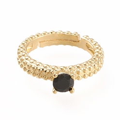 Golden Adjustable Brass Micro Pave Cubic Zirconia Finger Rings, Solitaire Rings, Long-Lasting Plated, Black, Golden, US Size 6(16.5mm)