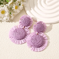 Сливовый Серьги-гвоздики из рафии в богемном стиле, цветок, слива, 70x45 мм