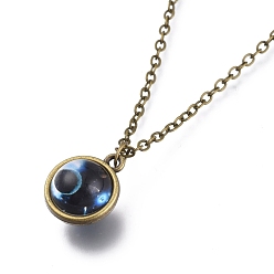 Planet Ожерелье из стекла, с тросовыми цепями из сплава и застежками-клешнями, без кадмия и без свинца, круглые, узор галактики, 20.07 дюйм (51 см), подвески: 18x15x14 мм