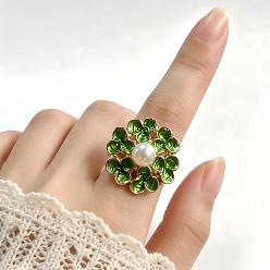 Green Zinc Alloy Enamel Cuff Open Rings for Women, Flower, with Imitation Pearl, Golden, Green, 25x25mm, Adjustable