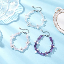 Mixed Stone 3Pcs Natural Mixed Gemstone Chip & Glass Shell Round Beaded Bracelets, with 304 Stainless Steel Findings, 7-1/2 inch(19cm)