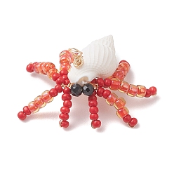 Красный Подвески в виде краба из натуральной черной шпинели, натуральной ракушки-трубы и стеклянных бусин с огранкой круглой формы, прелести морских животных, с петлями из медной проволоки, золотой свет, красные, 30x30~35x11~12 мм, отверстие : 2.5~3 мм