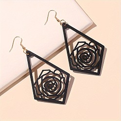 Black Iron Wood Dangle Earrings for Women, Teardrop, Golden, Black, 92x45mm