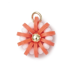 Легкий Лосось Подвески из полимерной глины, стеклянных семян и латуни ручной работы, цветок, с 304 кольцами из нержавеющей стали, светлый померанцевый, 15x14x6 мм