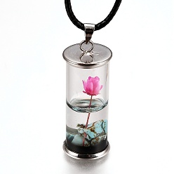 Ярко-Розовый Стеклянные бутылки желая кожаный шнур кулон ожерелья, с сушеными цветами и бусинами из натуральных драгоценных камней внутри, платина, ярко-розовый, 17-3/8 дюйм (44.05 см)