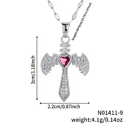 Сиамский Ожерелья с подвеской в виде меча в стиле ретро хип-хоп из латуни, полностью украшенные стразами, в форме сердца и крыла для женщин, платина, Сиам, 15.75 дюйм (40 см)