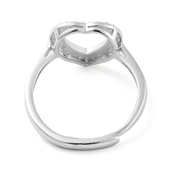 Real Platinum Plated Heart Adjustable 925 Sterling Silver Ring Components, with Cubic Zirconia, Open Bezel Setting, Real Platinum Plated, US Size 7 1/4(17.5mm)