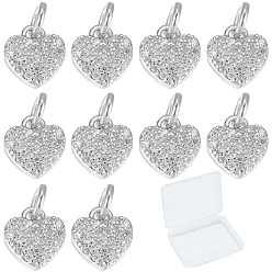 Platinum 10Pcs Brass Micro Pave Cubic Zirconia Charms, Heart, Platinum, 9x8x2mm, Hole: 3mm