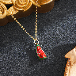 Watermelon Brass Enamel Fruit Pendant 201 Stainless Steel Cable Chain Necklaces for Women, Ion Plating(IP), Real 18K Gold Plated, Red, Watermelon, 15.75 inch(40cm)