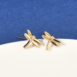 Настоящее золото 18K Латунные серьги-гвоздики для женщин, стрекоза, реальный 18 k позолоченный, 5.5x7.5 мм