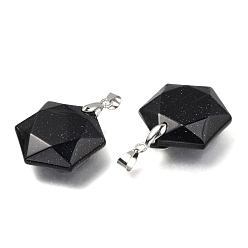 Blue Goldstone Faceted Synthetic Blue Goldstone Pendants, with Platinum Tone Brass Findings, Hexagon, 28x25x9mm, Hole: 4x5mm