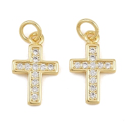 Golden Brass Micro Pave Clear Cubic Zirconia Pendants, Cross Charms, Cadmium Free & Lead Free, Golden, 16x10x2mm, Hole: 3mm