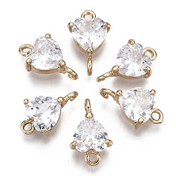 Прозрачный Соединители из латуни с микропаве и кубическим цирконием, долговечный, сердце, золотой свет, прозрачные, 12x7x4 мм, отверстие : 1.2 мм