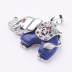 Ляпис-Лазурь Кулоны из натурального лазурита, с хрустальной и латунной фурнитурой, слон, платина, 25.5x36.5x10 мм, отверстие : 5x8 мм
