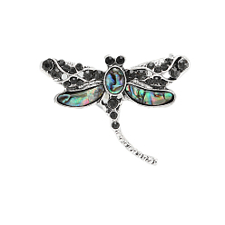 Antique Silver Dragonfly Abalone Shell/Paua Shell Brooch Pins, Alloy Rhinestone Lapel Pins, Antique Silver, 33x44mm
