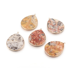 Crazy Agate Natural Crazy Agate Pendants, with Brass Findings, Teardrop, Golden, 42~44x33~35x2.5mm, Hole: 2mm