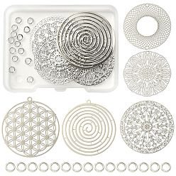 Platinum 10Pcs 5 Style Brass Filigree Pendants, with 15Pcs Brass Jump Rings, Flat Round with Flower, Platinum, 30~36.5x30~34.5x0.3mm, Hole: 1.2~1.4mm