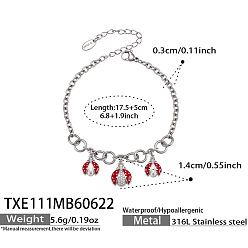 Stainless Steel Color 304 Stainless Steel Micro Pave Clear Cubic Zirconia Enamel Ladybug Charm Bracelets for Women, Stainless Steel Color, 6.89 inch(17.5cm)