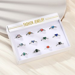 Античное Серебро 12шт. кольца из натуральной красной яшмы, малахита и синтетической бирюзы, Кольца из сплава в форме сердца, овала, треугольника, конского глаза и квадрата для женщин, античное серебро, 8~9.5x8~10.5 мм, внутренний диаметр: 16~18 мм