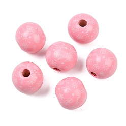 Бледно-Розовый Рождественские печатные европейские бусины из дерева схима, круглые, розовый жемчуг, 16 мм, отверстие : 4 мм