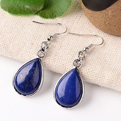 Ляпис-Лазурь Серьги с подвесками в виде слезинок с натуральным лазуритом, латунная фурнитура с платиновым покрытием, 47 мм , штифт: 0.7 мм
