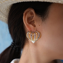 Золотой & Цвет Нержавеющей Стали 304 двухцветные серьги-гвоздики из нержавеющей стали, сердце, золотые и нержавеющая сталь цвет, 31x36.5 мм