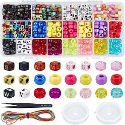 Mixed Color DIY Acrylic & Plastic Bead Stretch Bracelets Making Kits, Include Column & Cube Letters Beads, Stainless Steel Tweezers, Elastic Crystal Thread and Round Elastic Cord, Mixed Color
