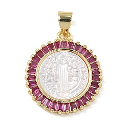 Темно-Розовый Религия латунь микро проложить цирконий подвески, с оболочкой, плоский круглый со святыми подвесками, стойки покрытие, долговечный, без кадмия и без свинца, реальный 18 k позолоченный, темно-розовыми, 21.5x18.5x3.5 мм, отверстие : 4.5x3.5 мм