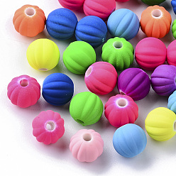 Mixed Color Spray Painted Acrylic Beads, Rubberized Style, Corrugated Beads, Round, Mixed Color, 8x7.5mm, Hole: 2mm, about 1600pcs/500g