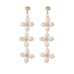 Golden Natural Pearl Flower Long Dangle Stud Earrings, Brass Wire Wrap Jewelry for Women, Golden, 66mm, Pin: 0.8mm