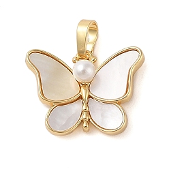Real 18K Gold Plated Brass Pave Shell Pendants, Butterfly Charms with ABS Imitation Pearl & Snap on Bails, Real 18K Gold Plated, 15.5x20.5x6.5mm, Hole: 6x3.5mm