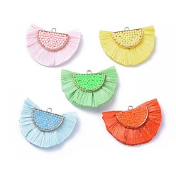 Mixed Color Raffia Tassel Pendants, with Micro Beads & Alloy Findings, Fan Shaped, Golden, Mixed Color, 31~33x47x7~8mm, Hole: 2mm
