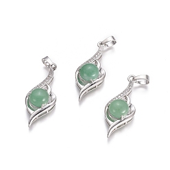 Зеленый Авантюрин Естественный зеленый авантюрин подвески, с латунными находками платинового тона и хрустальным стразами, цветок, 37.3x15x9.8 мм, отверстие : 7x4.5 мм