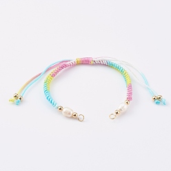 Разноцветный Сегментный окрашенный полиэфирная нить плетеный браслет из бусин, с бусинами из натурального культивированного пресноводного жемчуга и прыжковыми кольцами, красочный, 6-1/4~11-3/8 дюйм (15.8~29 см)