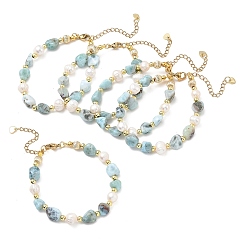 Golden Natural Larimar Nuggets and Potato Freshwater Pearl Beaded Bracelets, Golden, 7.48 inch(19cm)