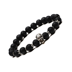 Lava Rock Natural Lava Rock & Alloy Skull Beaded Stretch Bracelet, 7-1/4 inch(18.5cm)