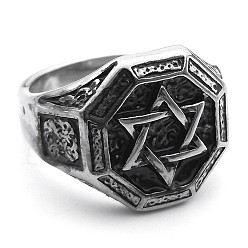 Античное Серебро 304 из нержавеющей стали кольца палец для мужчин, восьмиугольник с узором в виде звезды Давида, античное серебро, размер США 10 (19.8 мм)