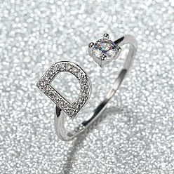 Letter D Манжеты из латуни с микро паве кубический цирконий для женщин, открытые кольца, платина, Буква D, внутренний диаметр: 16~19 мм