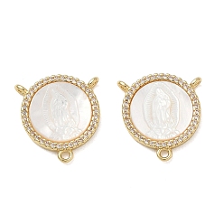 Real 18K Gold Plated Brass Micro Pave Clear Cubic Zirconia Chandelier Component Links, Round with Virgin Mary, with Natural White Shell, Cadmium Free & Lead Free, Long-Lasting Plated, Rack Plating, Real 18K Gold Plated, 17x16x3mm, Hole: 1.4mm