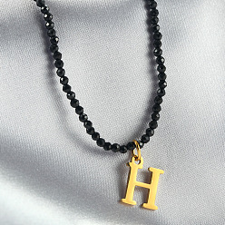 Letter H 304 подвеска из нержавеющей стали с инициалом, ожерелья из граненых круглых бусин черного стекла для женщин, золотые, Письмо ч, 15.35 дюйм (39 см)