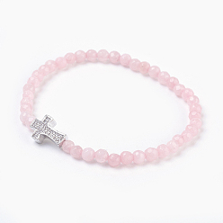 Rose Quartz Natural Rose Quartz Beads Stretch Bracelets, with Brass Micro Pave Cubic Zirconia Beads, Platinum, 2-1/8 inch(5.3cm)~2-1/8 inch(5.5cm)