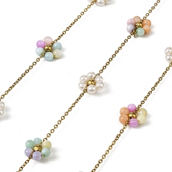 Разноцветный Ручная работа 304 цепочки из нержавеющей стали с бусинами, пайки, с окрашенными бусинами из ракушек и жемчужинами из АБС-пластика и катушкой, ионное покрытие (ip), реальный 18 k позолоченный, красочный, 9.5~10x8~9x3~3.5 мм