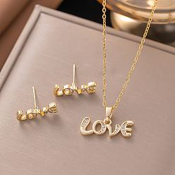 Слово Комплекты из серег-гвоздиков и ожерелий с подвесками из латуни с микропаве из прозрачных кубических цирконий, золотые, слово, 450 мм, Кулон : 21x8 мм, Серьги: 17x6 mm