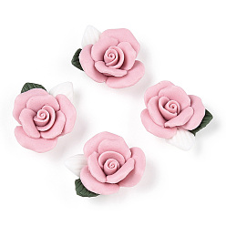 Pink Фарфора ручной работы кабошонов, Китай глиняные шарики, цветок, розовые, 23~25x20.5~21x10~11 мм