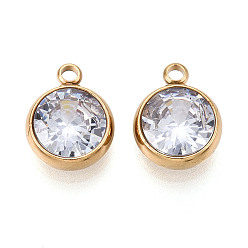 Прозрачный 304 Подвески из нержавеющей стали и кубического циркония, плоские круглые прелести, золотые, прозрачные, 12.8x10x4.5 мм, отверстие : 1.4 мм