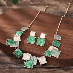 Средний Морско-зеленый Комплекты квадратных ожерелий с подвесками из цинкового сплава и серег-гвоздиков, средний морской зеленый, 420 мм