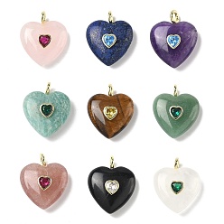 Смешанные камни Природные смешанные подвески драгоценных камней, Подвески в форме сердца с фурнитурой из кубического циркония, инкрустированной латунью., золотые, смешанные окрашенные и неокрашенные, 30.5~31x25.5x10.5 мм, отверстие : 4 мм