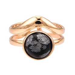 Снежный Обсидиан Круглые натуральные снежинки обсидиановые кольца, Открытое кольцо-манжета из сплава золотистого тона для женщин, 15 мм, регулируемый