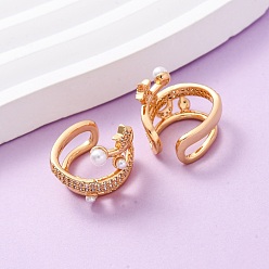 Настоящее золото 18K Серьги-каффы со звездой и луной из латуни с микропаве из прозрачных кубических цирконий, с абс пластмассовой имитационной жемчужиной, реальный 18 k позолоченный, 17x16x16 мм