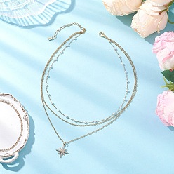 Звезда Латунный кулон с прозрачным кубическим цирконием 304 цепочка из нержавеющей стали и искусственного жемчуга 3 многослойные ожерелья для женщин, белые, золотые, звезда, 15.20 дюйм (38.6 см), звезды: 20x18x2 mm